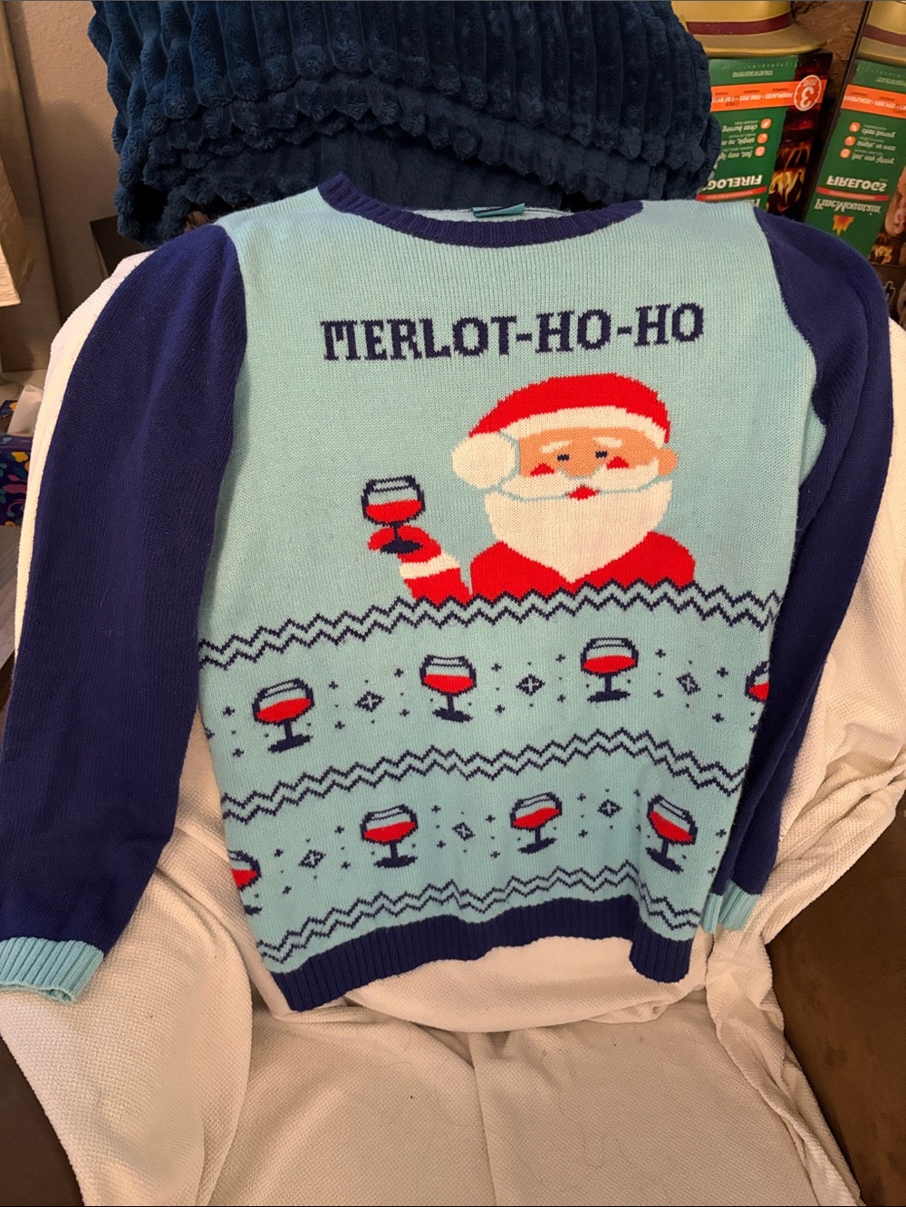 Women's Light Blue & Navy 'Merlot-Ho-Ho' Crewneck Sweater
